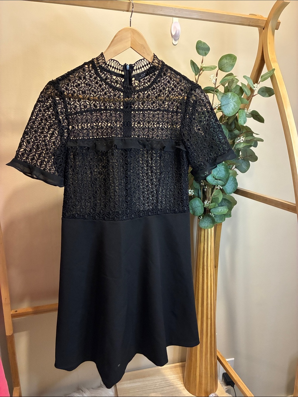 Zara Black Lace Yoke Short Sleeve Dress